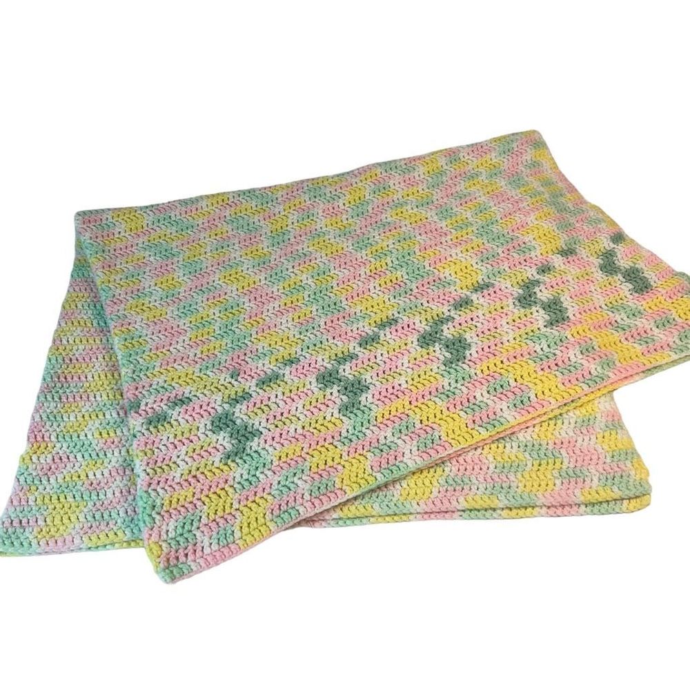 Handmade Hand Crotchet Baby Blanket Pastels Pink Yellow Green White 56” X 40”
